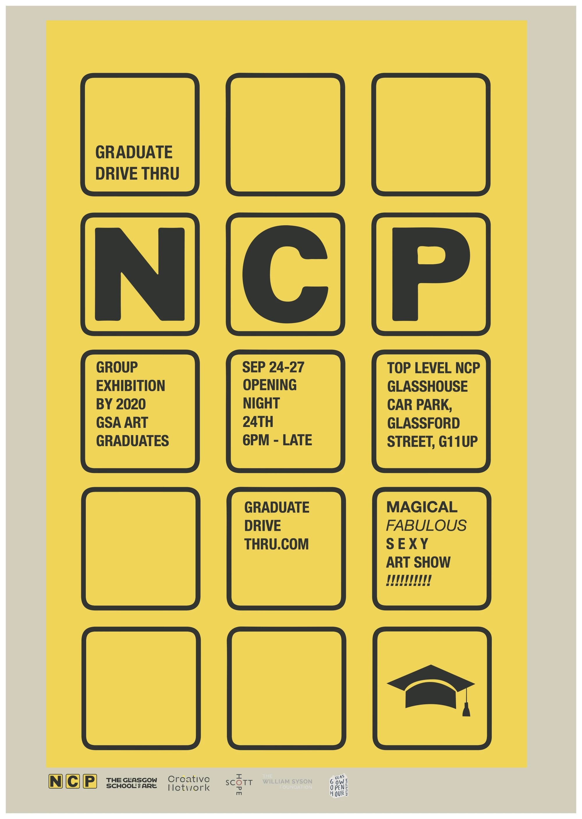a poster for an art ecxhibition in a car park, with yellow national car parks theme.