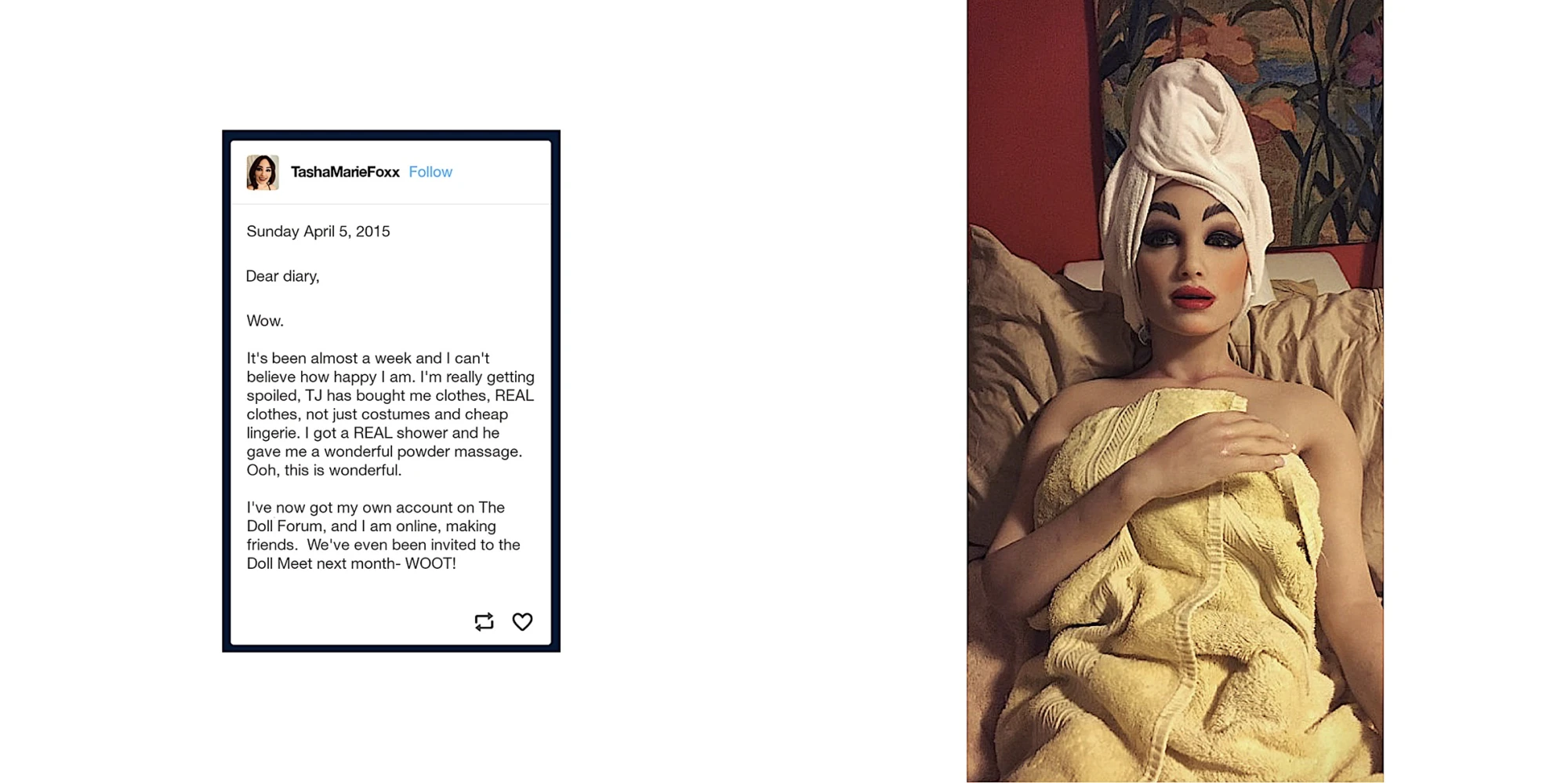 a double page spread from a book. The left is a tumblr entry and the right is a doll in a towel, including a towel on her head.